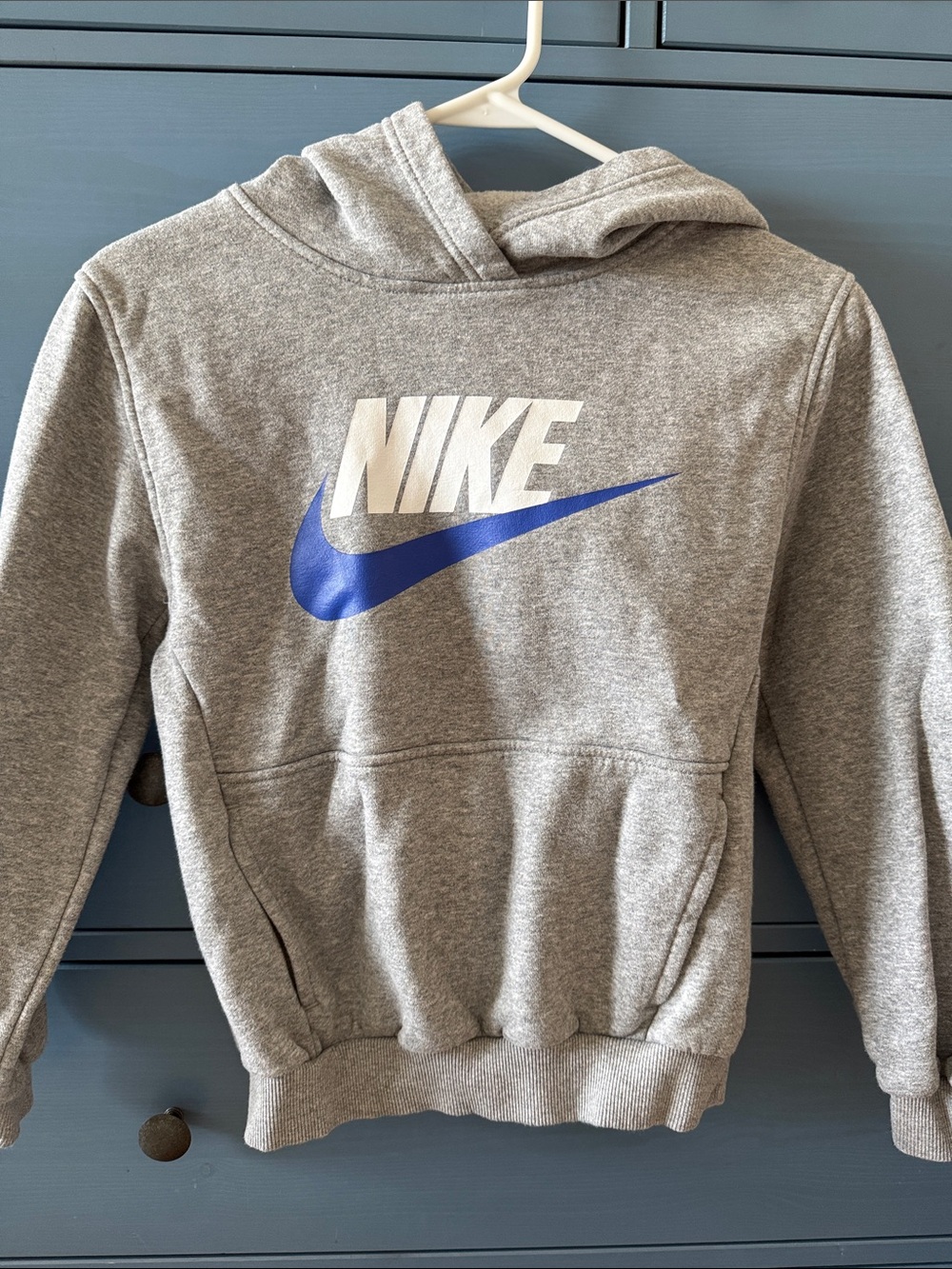Nike Gray Hoodie with White Logo and Blue Swoosh